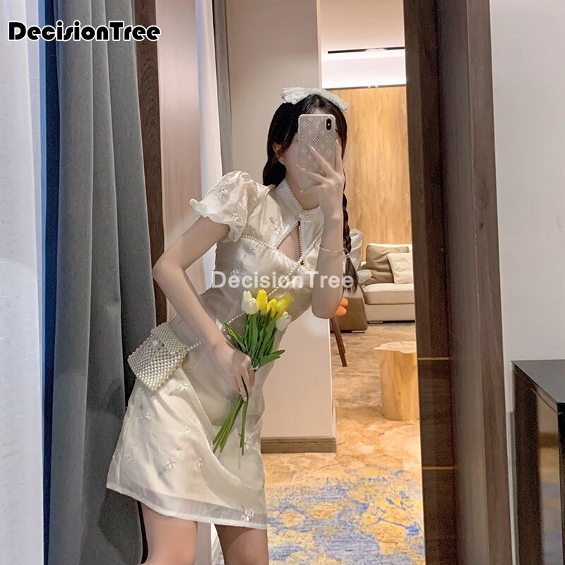 Vestido chino de estilo chino para Encaje vintage, vestido blanco satinado con flores, cheongsam, corto,
