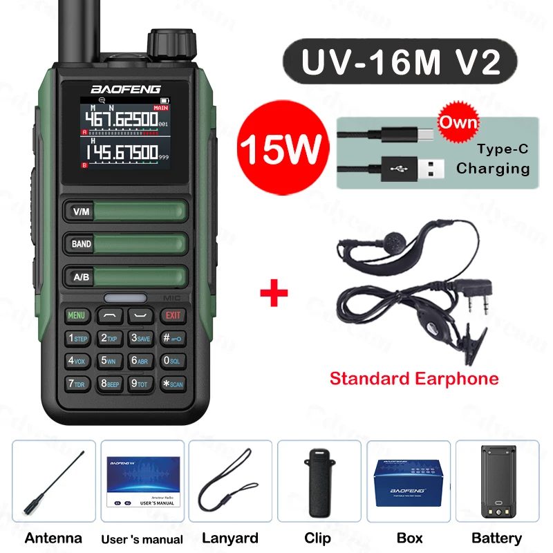 Upgrade Baofeng UV16M V2 Walkie Talkie 15W High Capacity AM FM 2-Way Radio Full Band LCD 999CH Frequency Copy NOAA Noise Reduce: Red