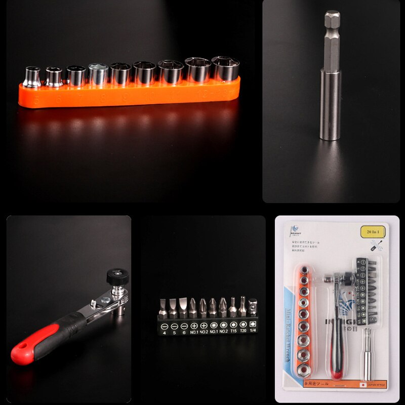 20pcs Universal Adjustable Torque Wrench Hexagonal Key Wrench Screwdriver Set Ratchet Socket Spanner Extension Bar Hand Tool