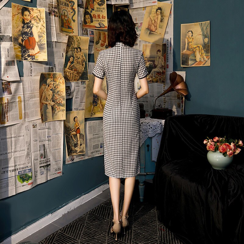 Qipao chino a cuadros blanco y negro, vestido de algodón hasta la rodilla, Cheongsam, disfraz de estilo universitario chino, vestidos de mujer Vintage Qipao