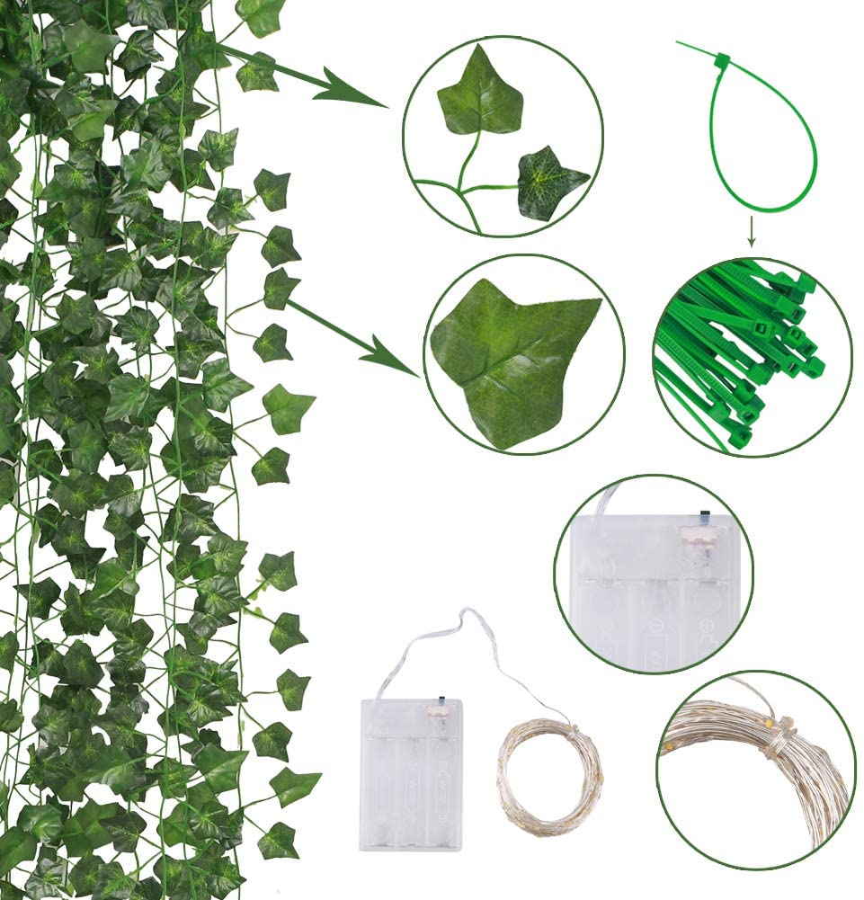 100 led slingor med 12 pack konstgjorda murgröna blad växter vinranka hängande krans för bröllop hem trädgård kontor väggdekoration: 12 st set