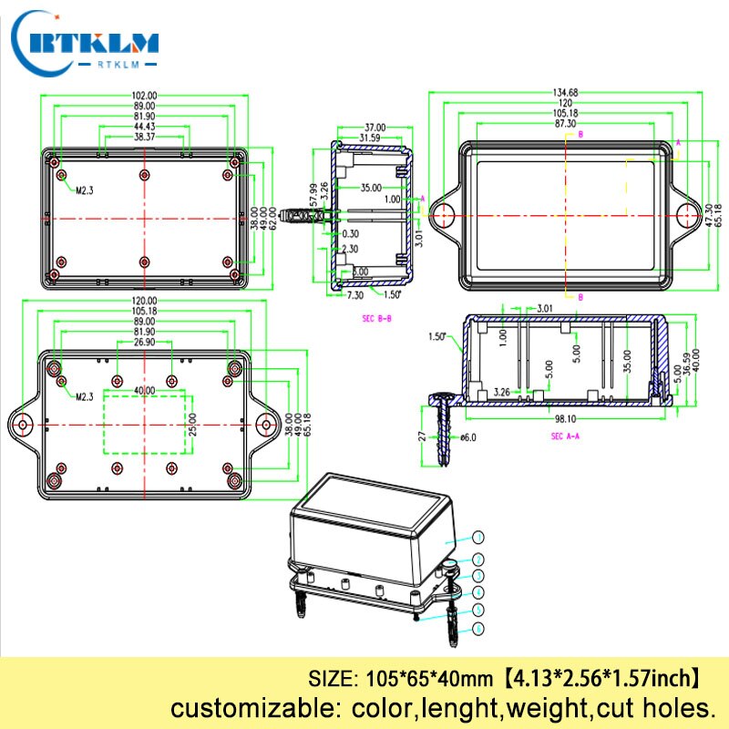 ABS plastic project case diy electric junction box wall mounting circuit board plastic enclosure diy speaker box 105*65*40mm