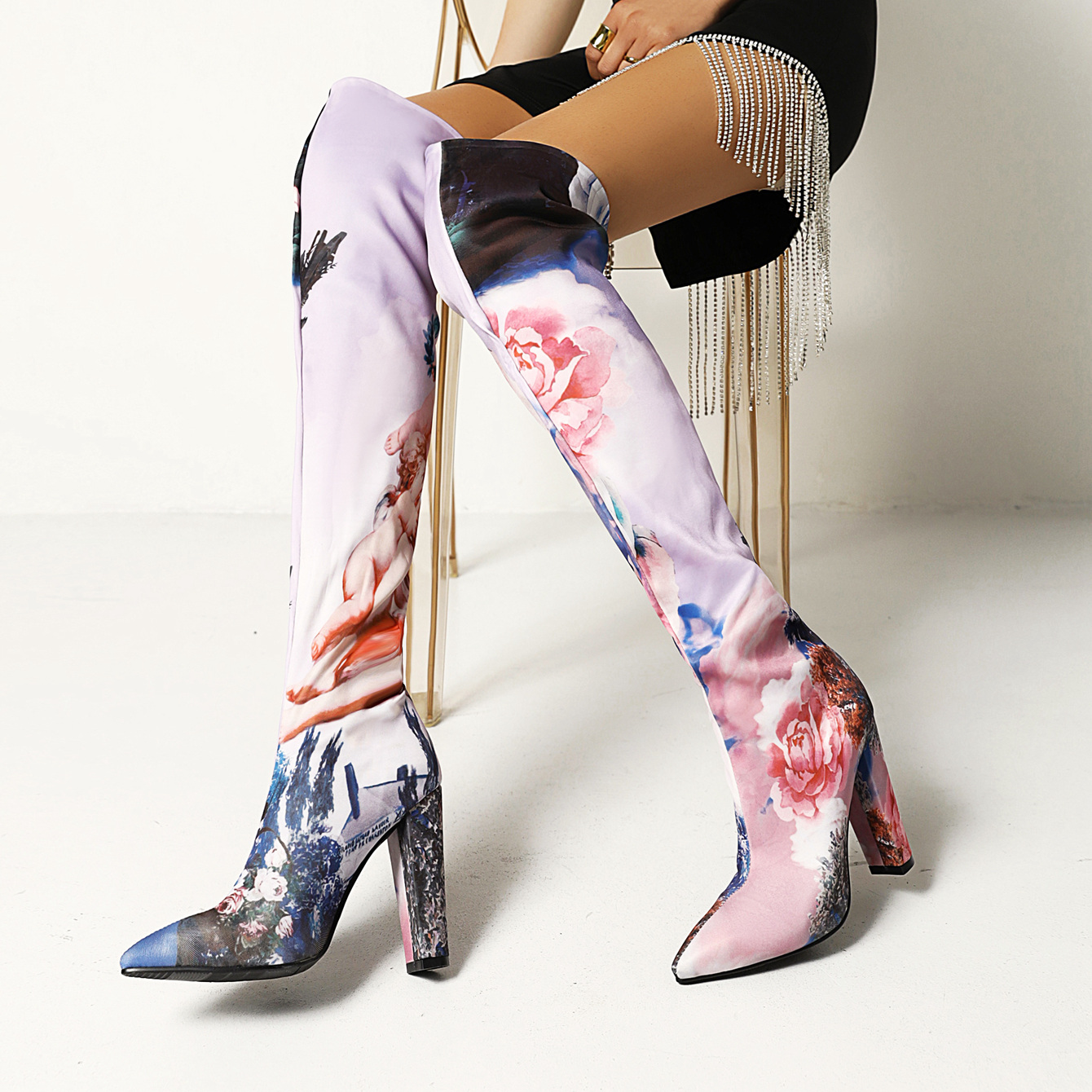 Botas por encima de la rodilla con tacón grueso y estampado, botines con estampado de Graffiti, estampado de flores, Camuflaje, patrón étnico