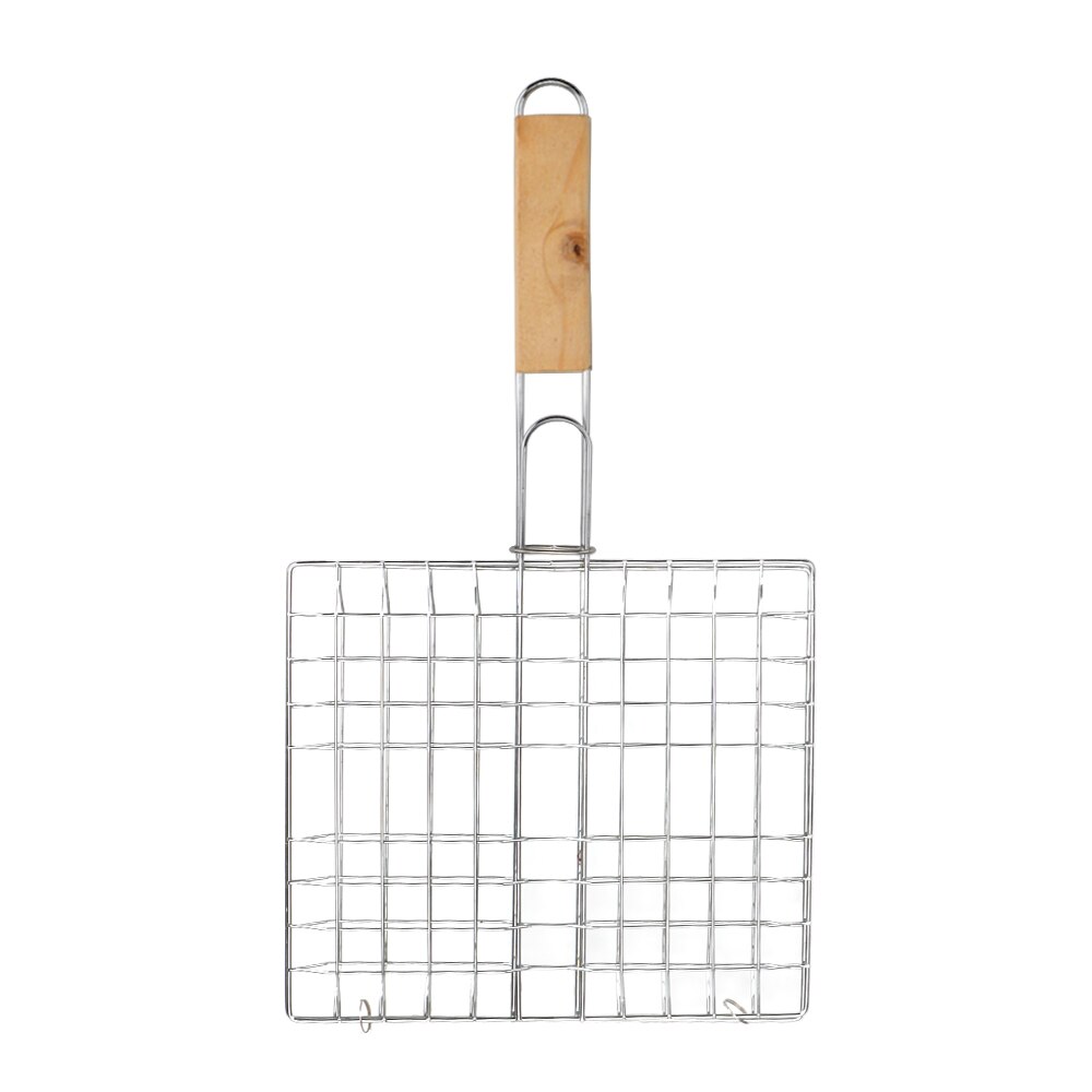 Rvs Barbecue Grillen Mand Clip Inklapbare Bbq Grill Mesh Herbruikbare Houten Handvat Vlees Vis Clip Houder