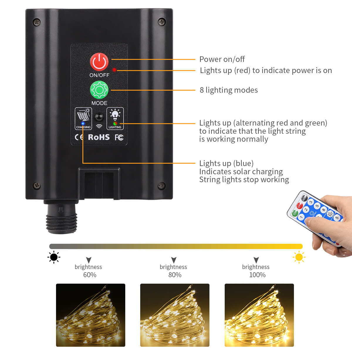 100m 50m ledet-lyslenker i kobbertråd med 1200 mah batteri med stor kapasitet, solcellepanel, utendørs hage, husfest, festival