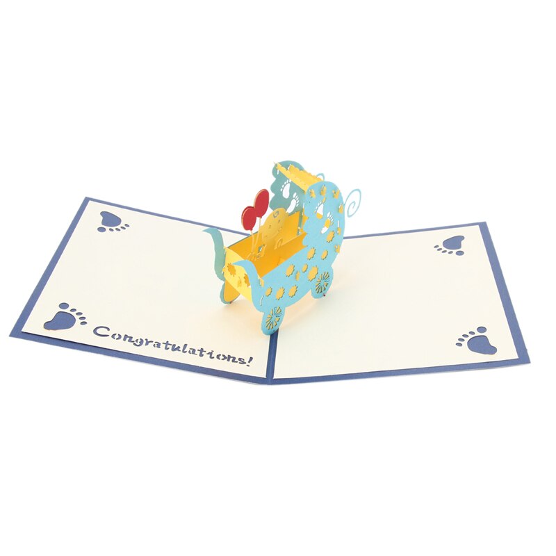 3D Baby CarriagesGreeting Card Pop Up Paper Cut Postcard Birthday Party: Blue