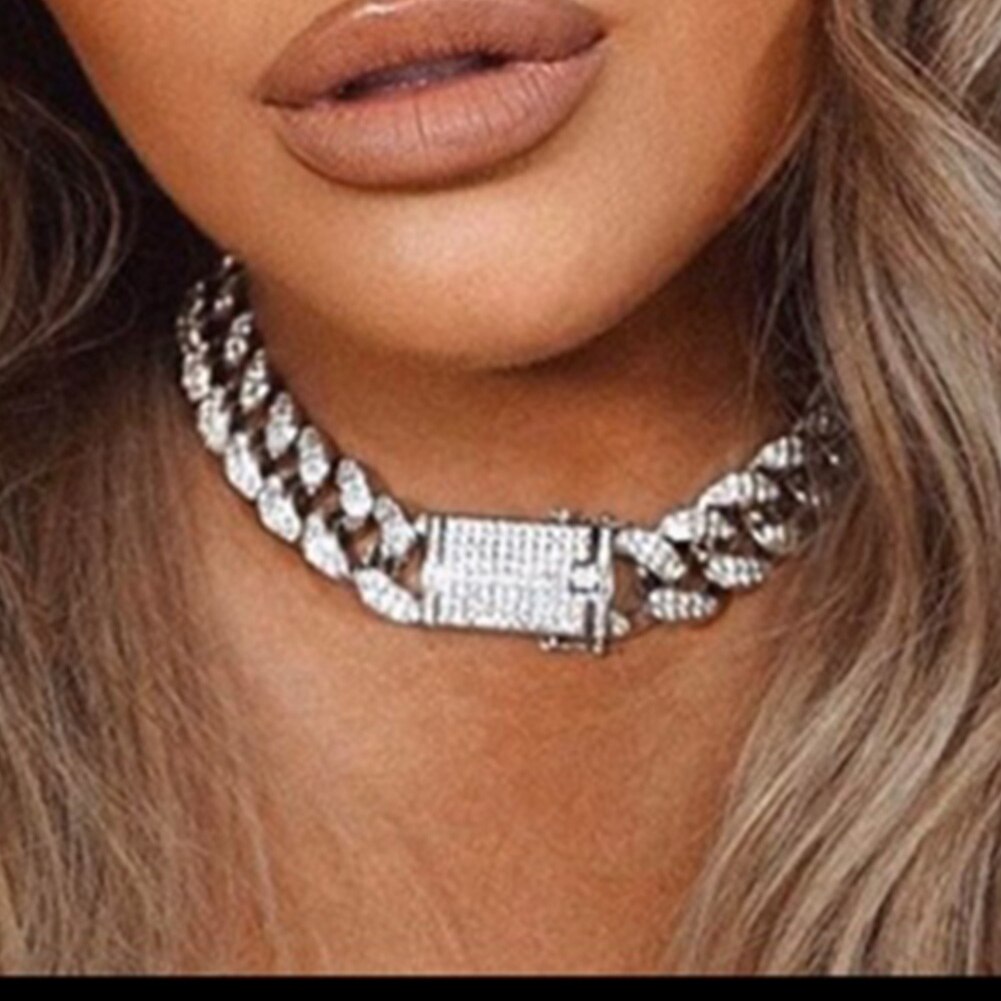 Collana girocollo da donna cubana spessa da 20MM con pavé di strass con strass ghiacciato Bling collane cubane gioielli anca-salto musica rock festa