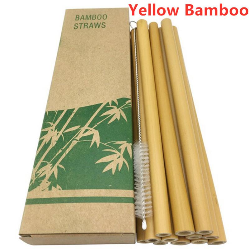 10 stk / sæt naturligt bambus halm genanvendeligt drikke sugerør med etui + ren børste miljøvenlige bambus sugerør bar værktøjer: Gul bambus