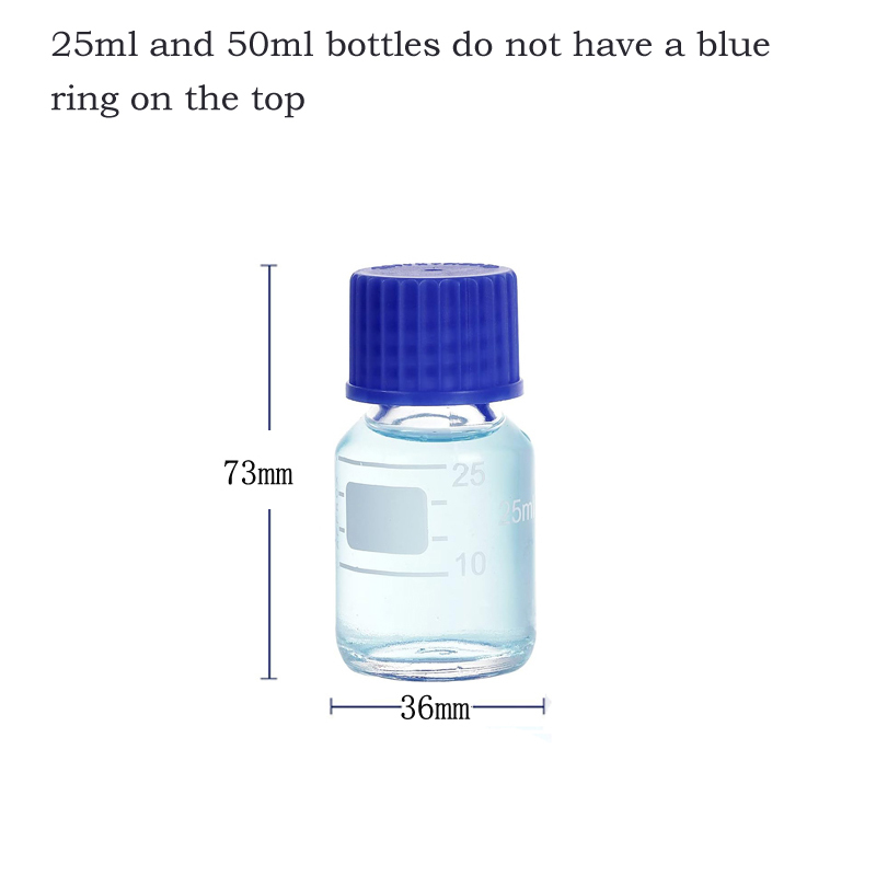 Botellas de almacenamiento de medios de vidrio redondas graduadas, color marrón/transparente, 25-1000ml, con tapas de tornillo GL45 azules para líquidos reactivos de agua de laboratorio, 1 Uds.: Gris claro