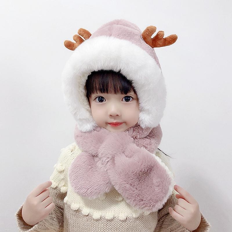 invierno niños novedad sombreros gorras niñas cálido lindo Reno sombrero de cuernos Casual de bufanda sombrero conjunto Casual niños tapas: Rosa