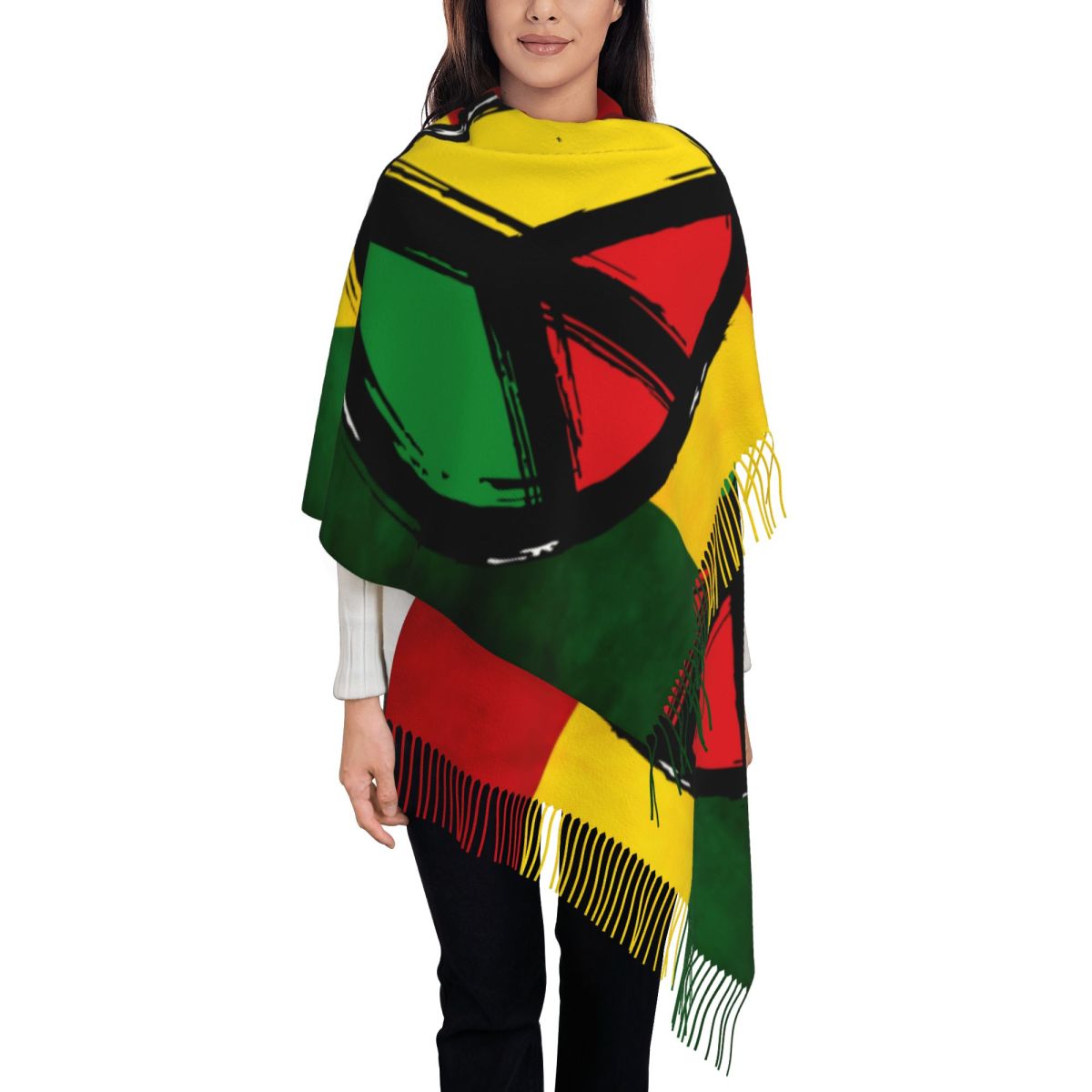 Bufandas personalizadas con bandera de Jamaica y León Rasta grande para mujer, chal suave y cálido con borlas para invierno y otoño, bufanda Reggae jamaicana: Verde militar
