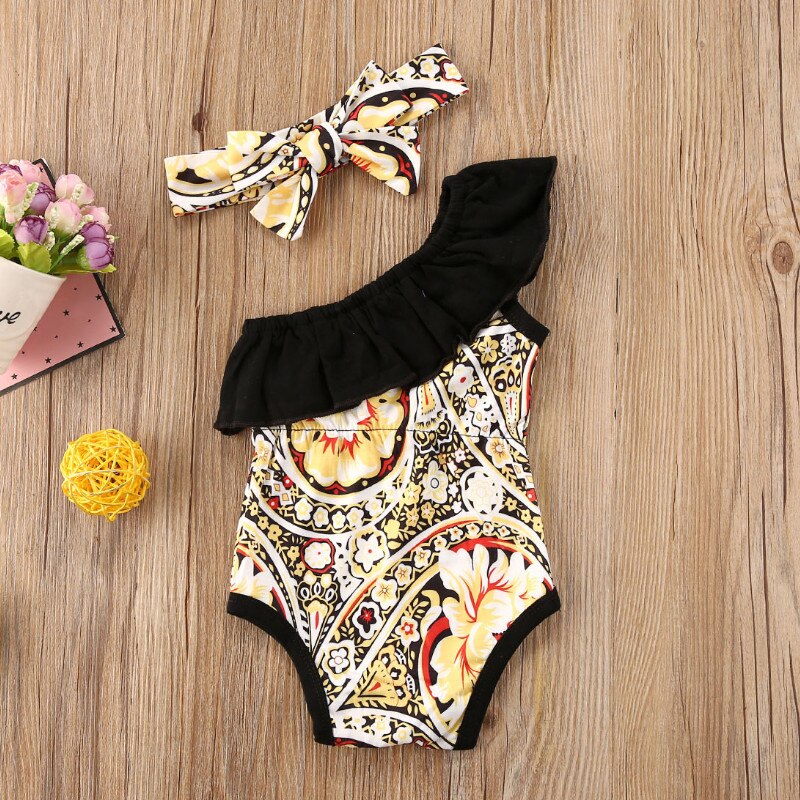 Zomer 2 Pc Baby Bodysuit Met Hoofdband Voor Meisjes Bloemenprint Een Schouder Korte Mouw Bodysuit Jumpsuit Voor Kinderen Meisjes