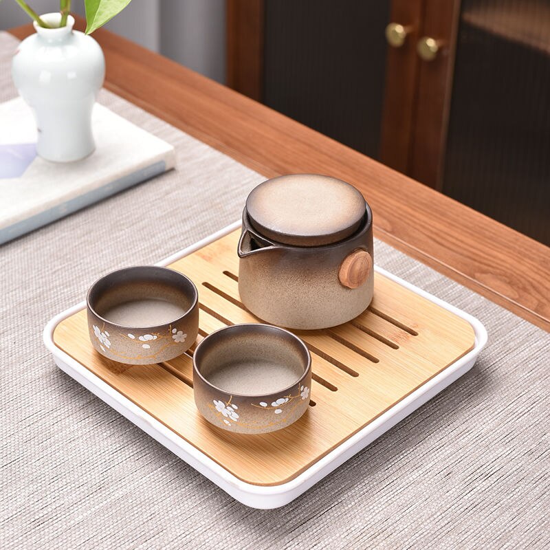 Japanese-style Cherry Blossom Kung Fu Tea Set Small Set One Pot Two Cups Four Cups Portable Travel Tea Set Tea Pot Tea Tray: 1pot 2cups 1 plate A