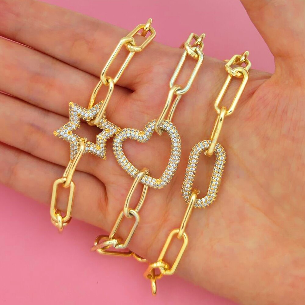 Crystal Geometric Bracelets For Women Girls Gold Color Micro Pave CZ Oval Heart Star Wristband Jewelry Party