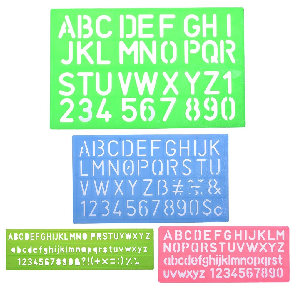 4pcs Assoted Colors Plastic Letter and Alphabet Stencil Sets Drawing Drafting Template