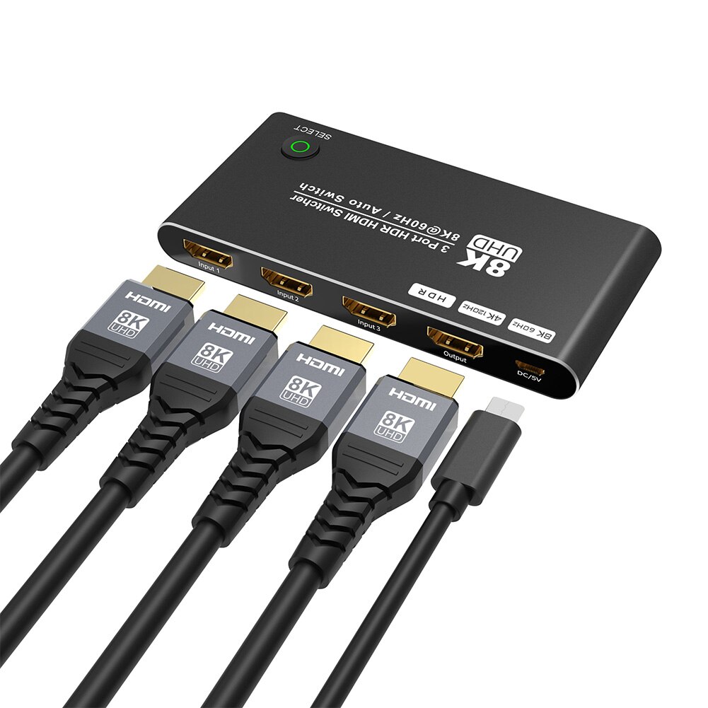 HDMI-compatible Switcher 3-port 8K 60Hz 3-in-1-out Video Cable Splitter for connecting multiple devices to TV/monitor