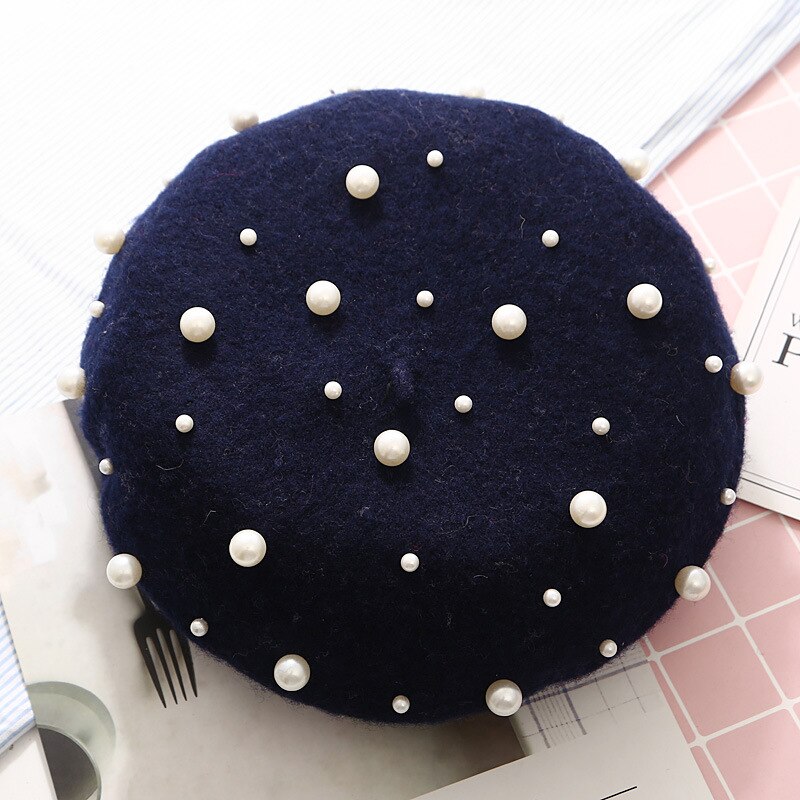 Wool Women Winter Berets Luxury Pearl Rivet Vintage Cashmere Female Warm Vogue Beret Hats Girls Flat Cap Beret for Women: Navy