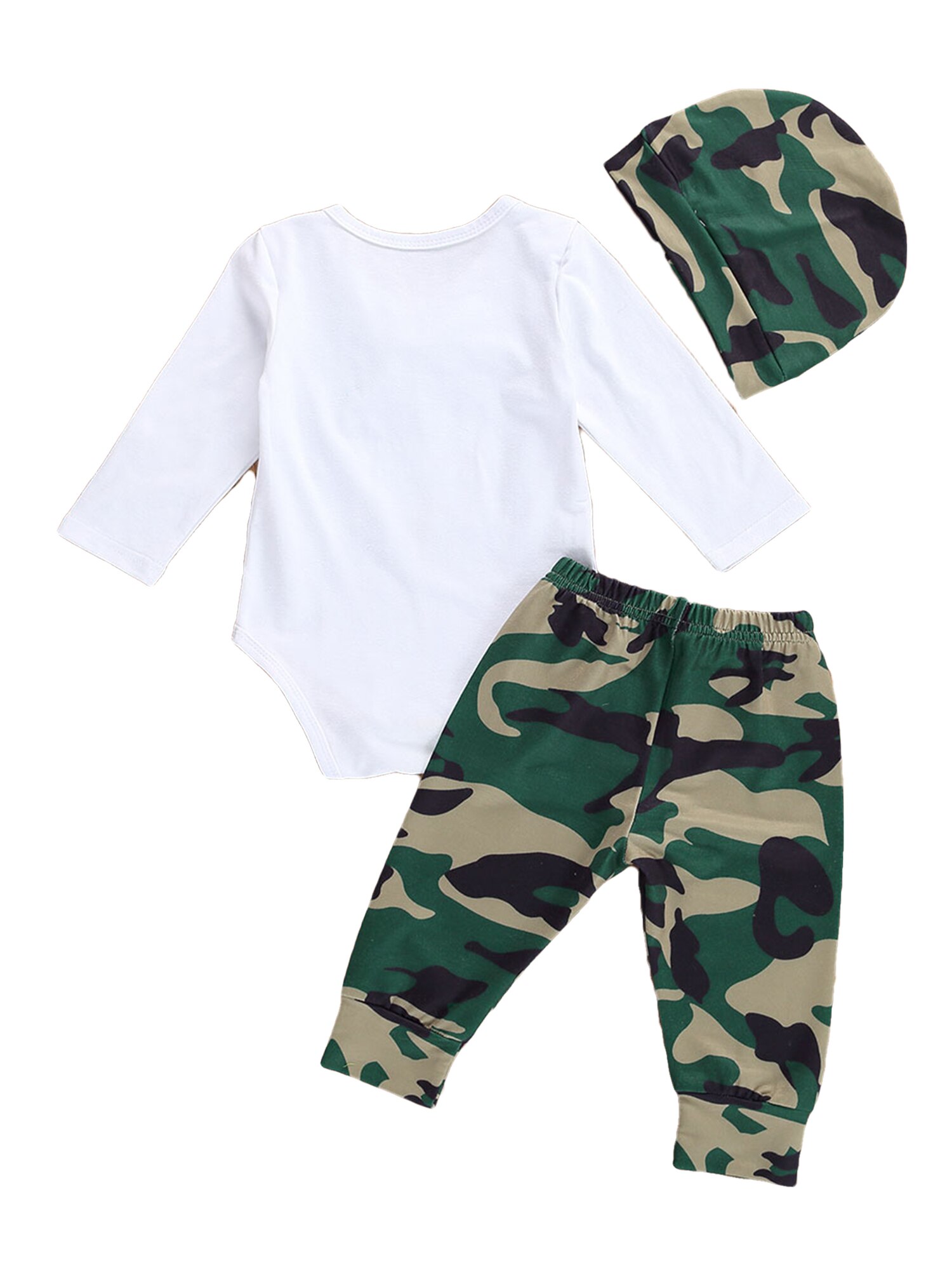 0-24m babyjongenskleding unieke brief stropdas lange mouwen jumpsuit camouflage broek met hoed