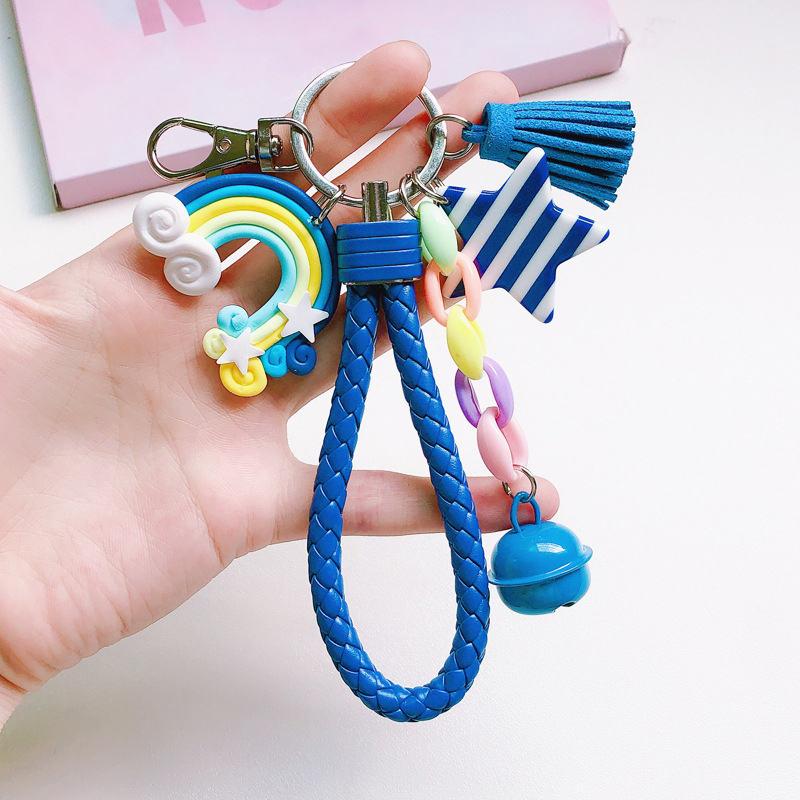 Porte-clés arc-en-ciel mignon, bracelet en cuir, corde tressée, pompon, pour femmes et filles, cloche étoile, sucette, accessoires de sac,: Lavender