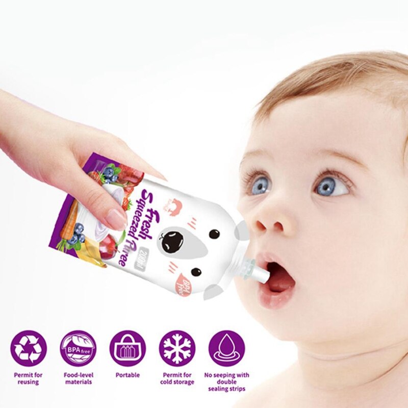 8Pcs Reusable Baby Food Pouch 200ML Kids Storage Bag DIY Breast Milk Bag Infant Double Zipper Squeeze Feeding Bags
