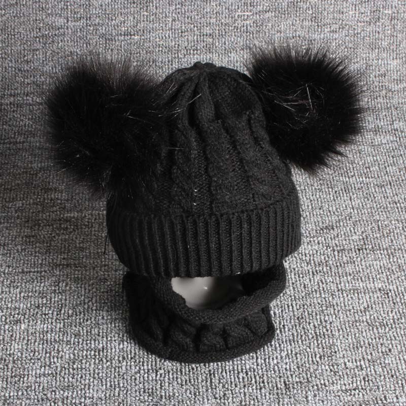2 stuks/set winter baby muts sjaal schattige dubbele pompon mutsen sjaals gebreide warme baby jongen meisje muts o ring sjaal: 1-3 jaar zwart