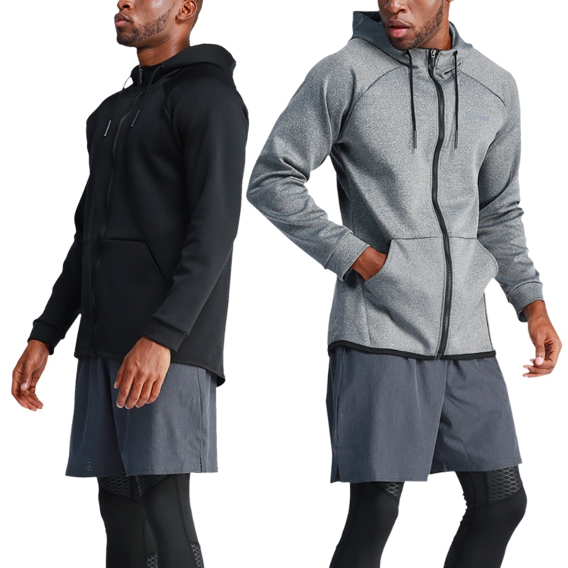 Løbejakke gym mænd sport frakke fitness langærmet hættetrøje med hætte lynlås lynlås slanke vandre sweatshirts mandlige træningsjakker