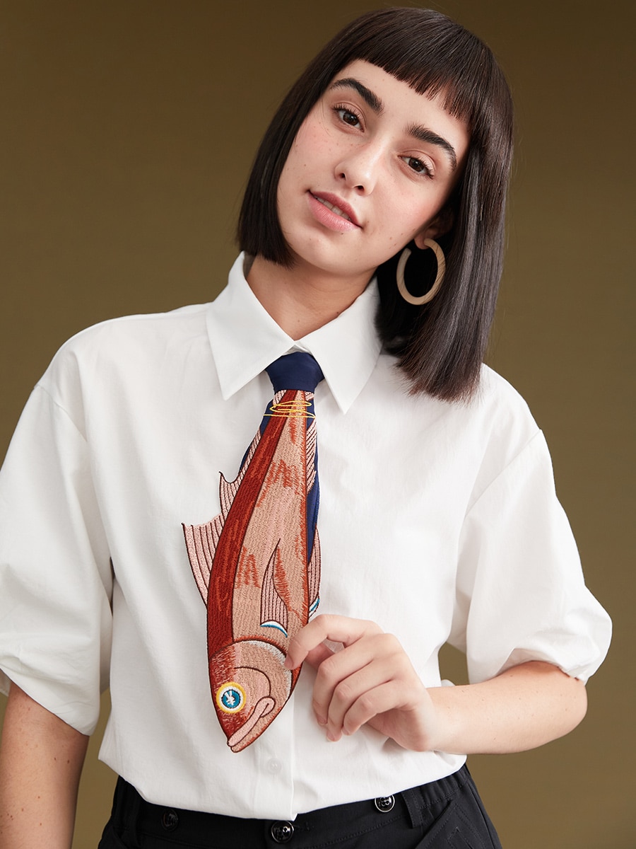 Cravate brodée en forme de poisson pour femmes, accessoires, inégal, amusant, arrivage