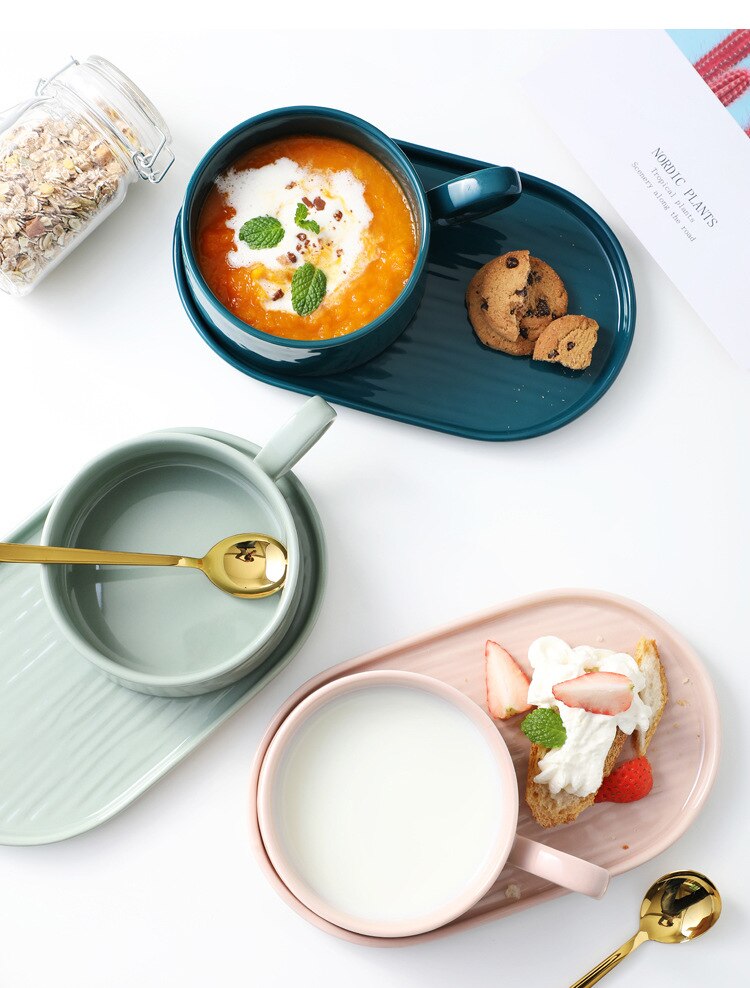 Dinner Plate Set Ceramic Kitchen Plate Tableware Set Food Dishes Rice Salad Noodles Bowl with handle Soup Kitchen Spoon Cook