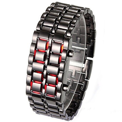 Men Women Lava Iron Samurai Metal LED Faceless Bracelet Watch Wristwatch Full steel Fire digital watch: Black red