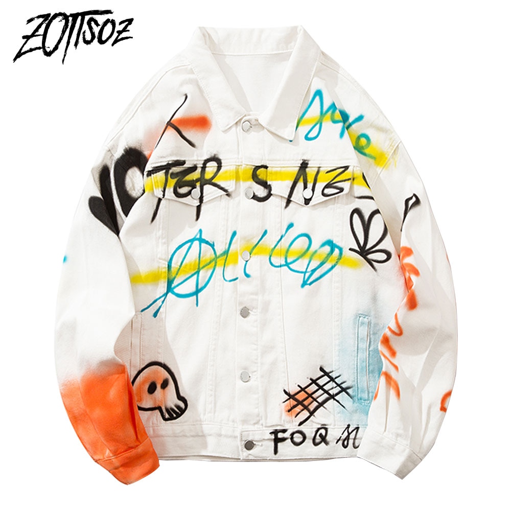 Punk Rock Gothic Denim Jassen Hip Hop Graffiti Print Jeans Jassen Streetwear Mannen Harajuku Casual Katoenen Jas Uitloper Wit