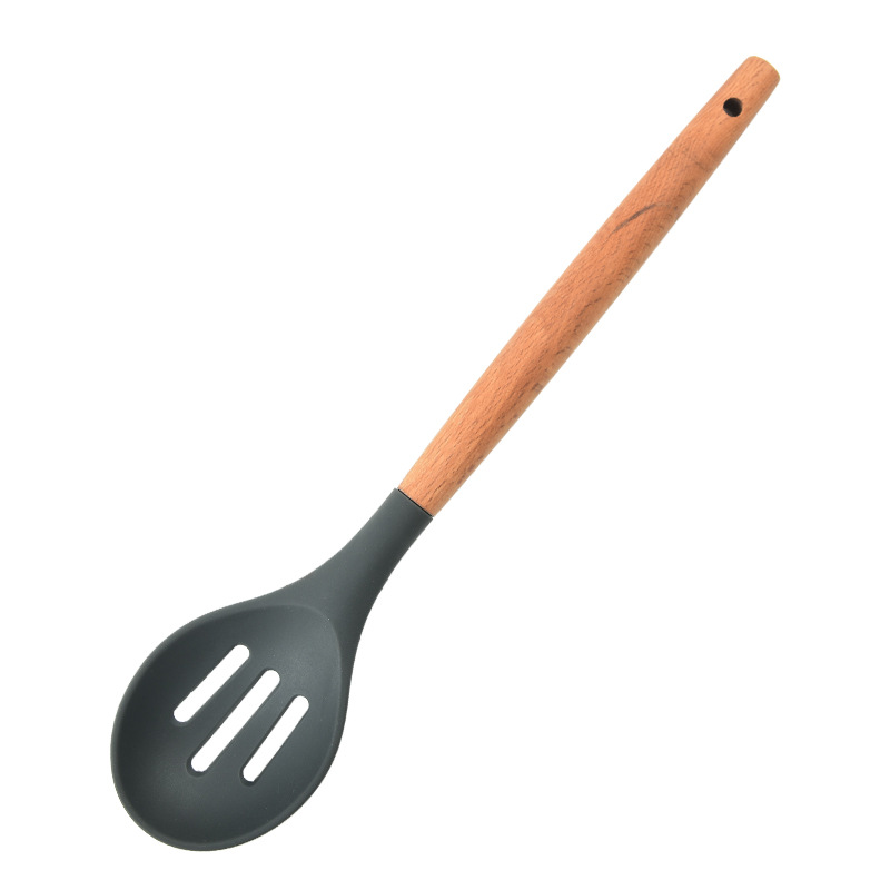 Silicone Kitchen Cooking Spatula Spade Turner Soup Spoon With Wooden Handle Baking Tools: Dark Khaki