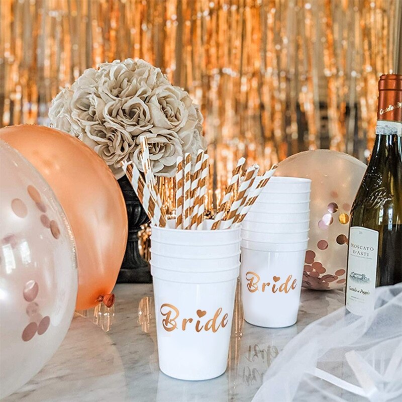 12 Pieces Bachelorette Cups Team Bride White Cups with Rose Gold Foil for Weddin H55A