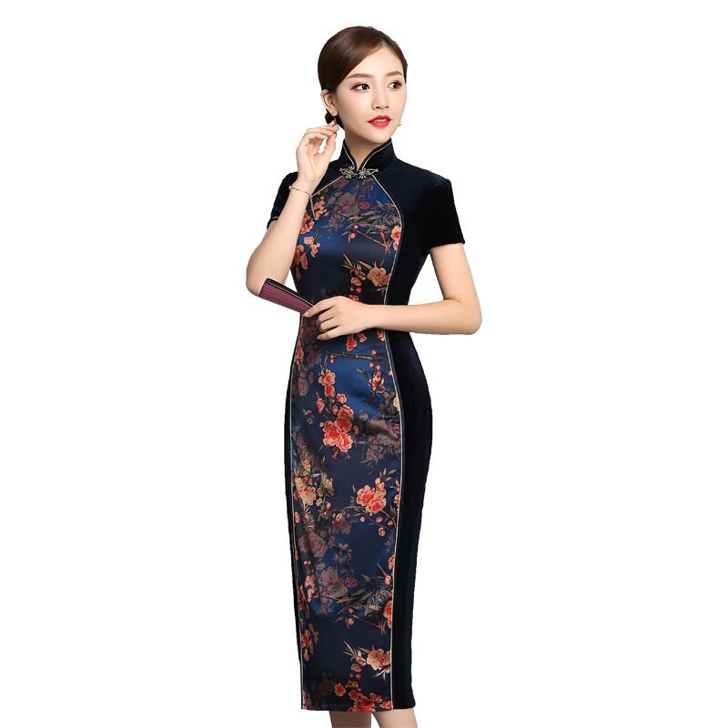 Chinese Dress Qipao Shanghai Tang Clothes Short Sleeve Velvet Cheongsam Dress Slit Robe Vintage Femme Black Vietnam Dress FF1554: M