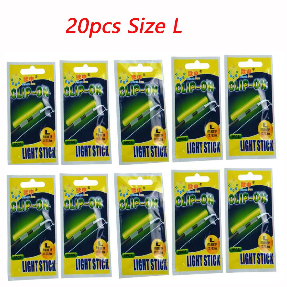 Clip On! 20Pcs(10bags) XL L M Night Fishing Lighting Stick Wand Green chemical glow stick fishing light stick: 20pcs Size L
