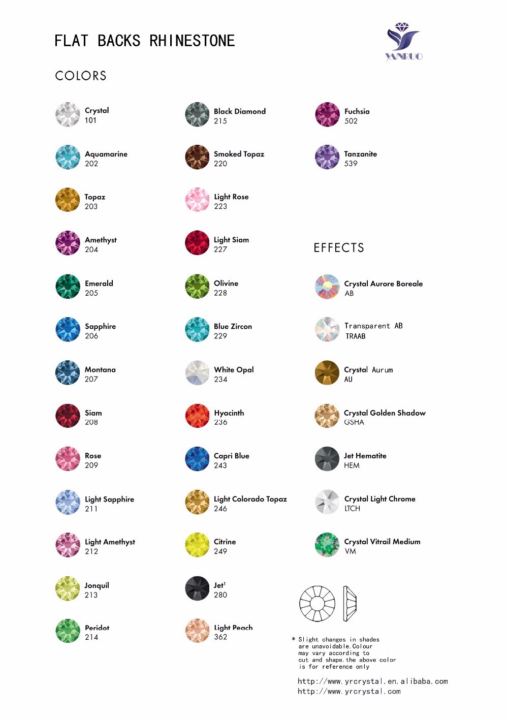 Tabla de colores de diamantes de imitación sin fijación por calor (Hotfix) de YANRUO, tarjeta de Color de piedras de cristal
