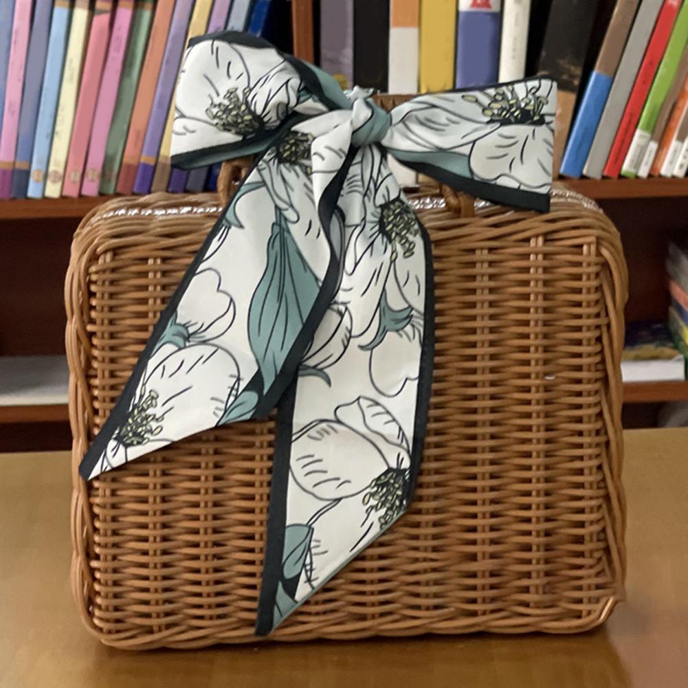 Retro Rattan Box with Silk Scarf Handmade Woven Rattan Handbag Storage Box Picnic Laundry Baskets Home Storage Case Box