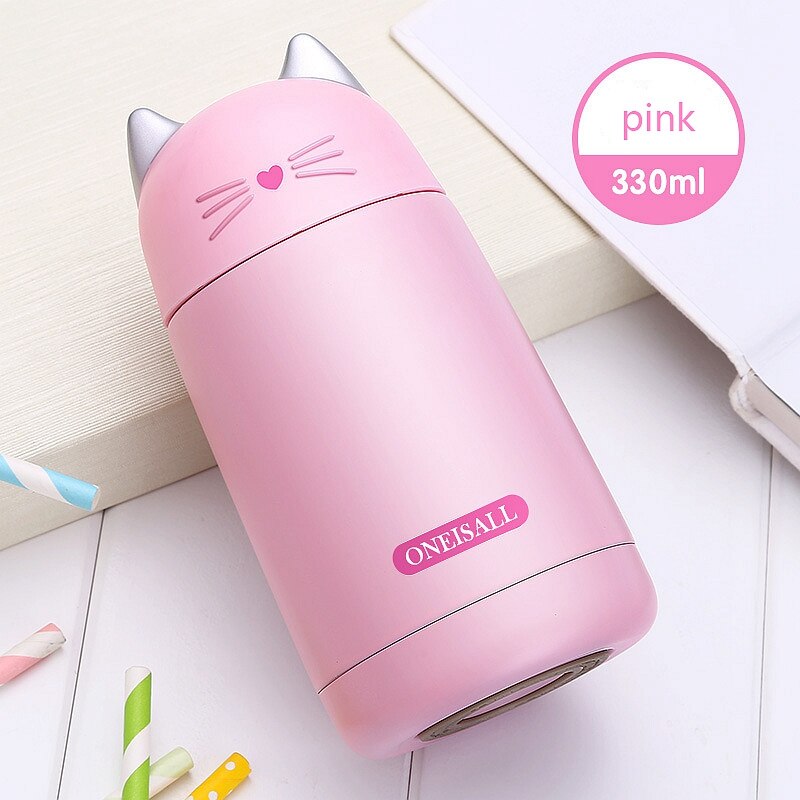 Neue Thermos Tasse Karikatur Katze Thermo Becher Getränk Wasser Flasche Edelstahl Vakuum Glaskolben Tasse Becher dicht Becher 330ml: Rosa