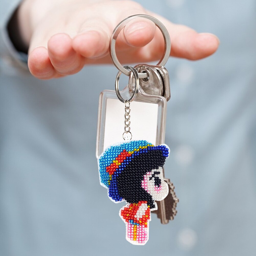 Llaveros con todas las cuentas DIY con dibujos animados de niña y niño, bordado de punto de cruz, bolso hecho a mano para mujer, colgante, joyería, llavero, 2 uds.