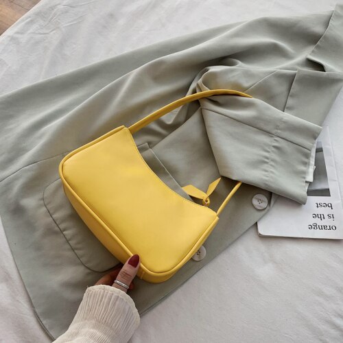 Doux en cuir PU femmes violet sous les bras sac rétro couleur unie dames Baguette sacs à main de filles petits sacs à bandoulière: Jaune