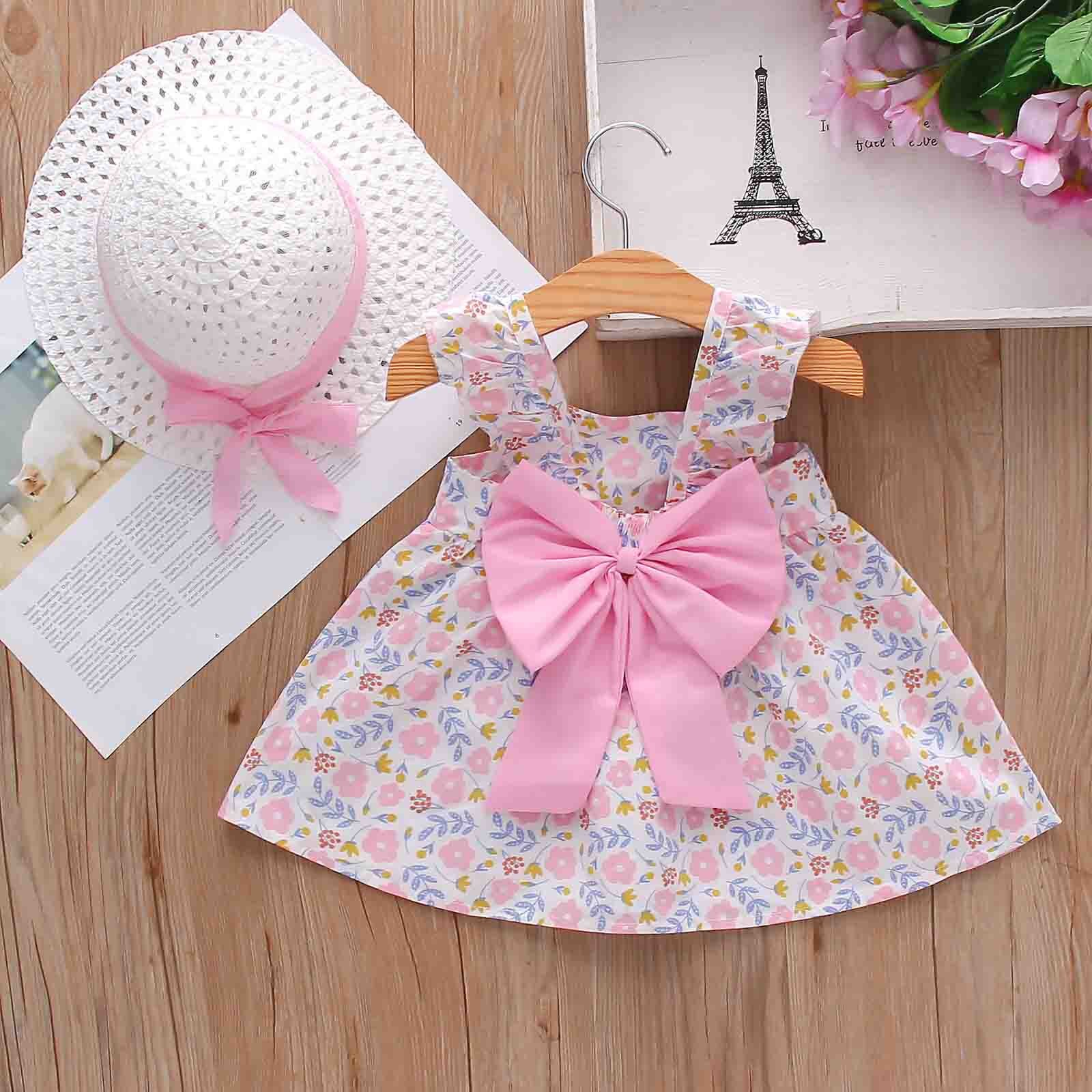 Peuter Meisjes Strik Jurk + Strooien Hoed Jurk Zomer Polka Dot Print Baby Kids Mouwloze Meisje Verjaardag Partyprincess Jurk Hoed: Pink  / 2T