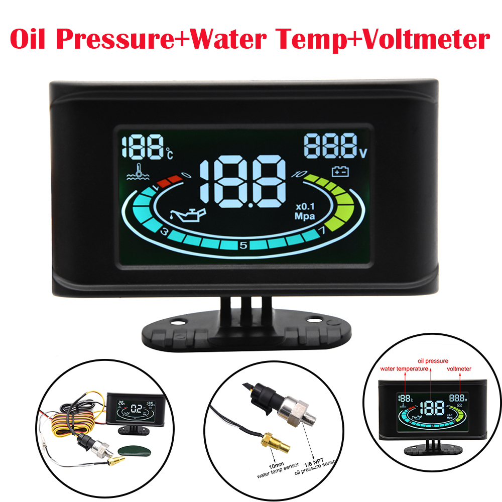 2 In 1 / 3 In 1 / 4 In 1 LCD Digital Oil Pressure Gauge Voltmeter Fuel Level Meter 1/8 NPT Oil Press Sensor + Water Temp Sensor: GRAY