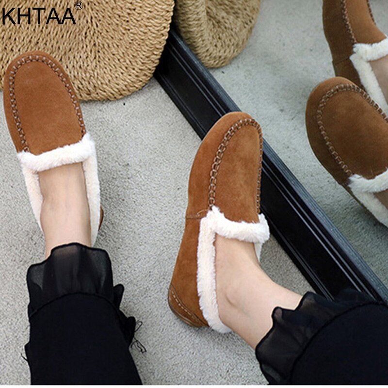 Kvinder varme moccasin sko plys vinter damer kausal blød bund skridsikker kvinde syning ruskind kvindelige loafers lejligheder