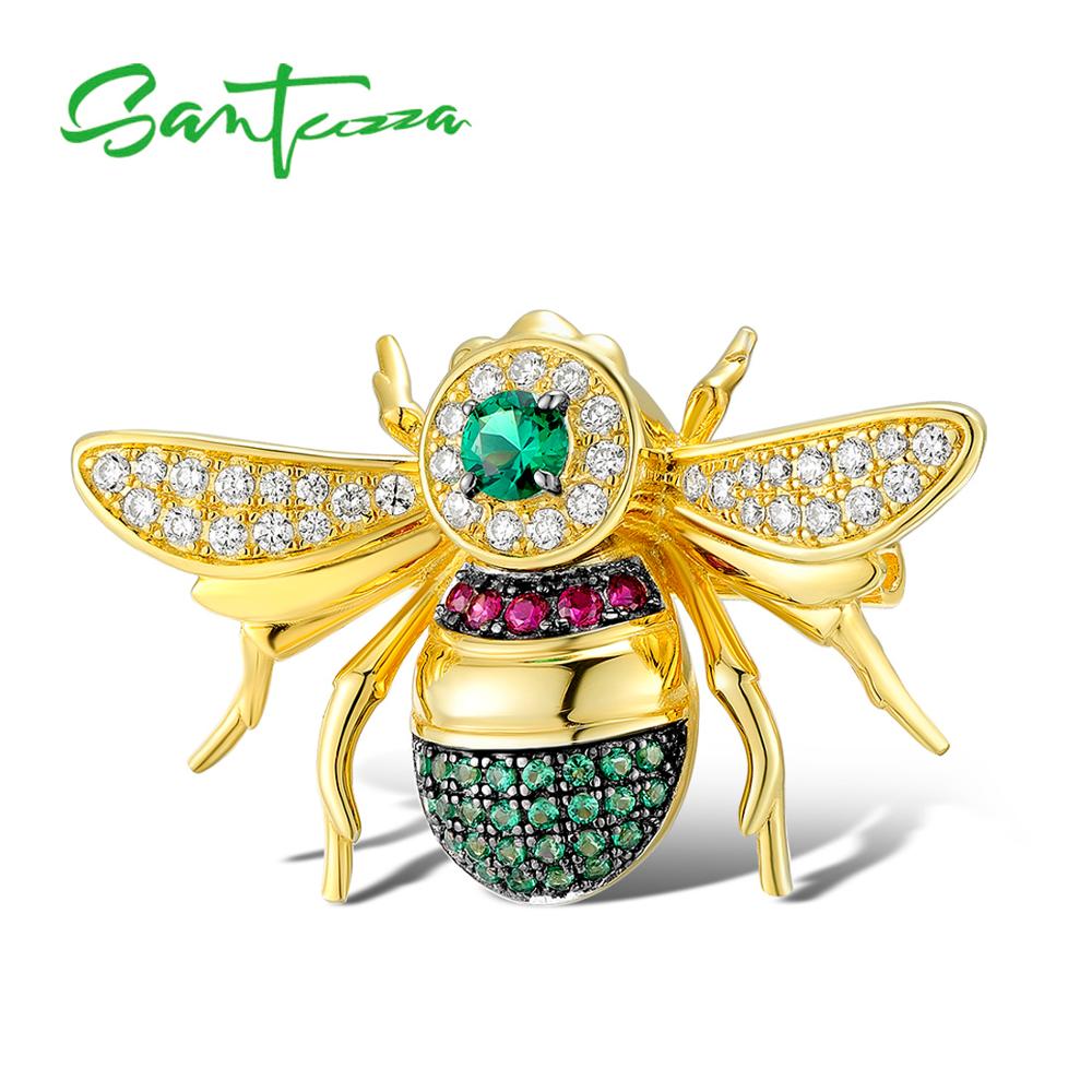 SANTUZZA Authentic 100% 925 Sterling Silver Brooch for Women Gold Color Bee Insect Brooch брошь насеко Trendy Fine Jewelry