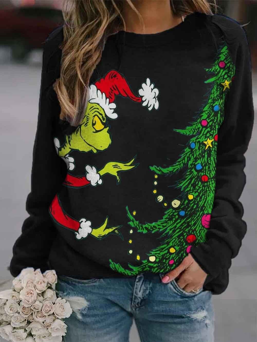 Herfst Vrouwen Grappige Grinch Print Hoodies Sweatshirt Casual Brief Lange Mouw O Hals Kerst Oversized Trui Tops Tees Hoody: Black / S