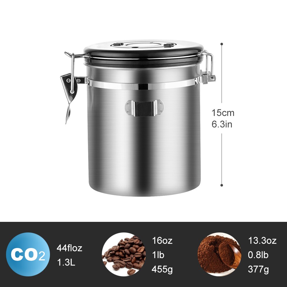 1.5l rustfrit stål lufttæt kaffebeholder opbevaringsbeholder sæt kaffedåse med scoop til kaffebønner te