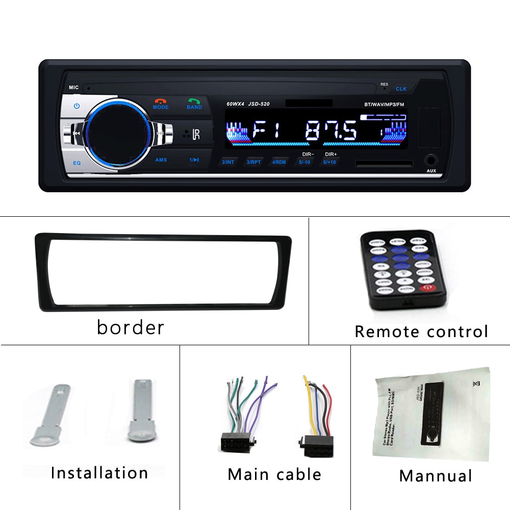 Hikity-Autoradio stéréo, Bluetooth, récepteur, MP3, USB JSD-520, SD, entrée auxiliaire, 1 din, lecteur multimédia, pour voiture