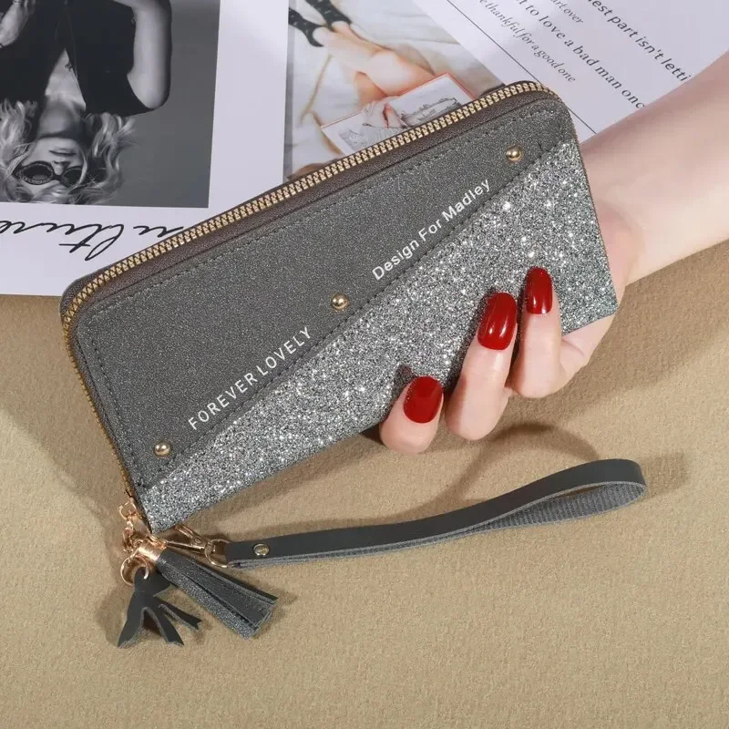 Glitter Shining Wallet Long Women's Zipper Wallet - Korean Splicing, Color Contrast, Tassel, and Rivet Details: GRAY