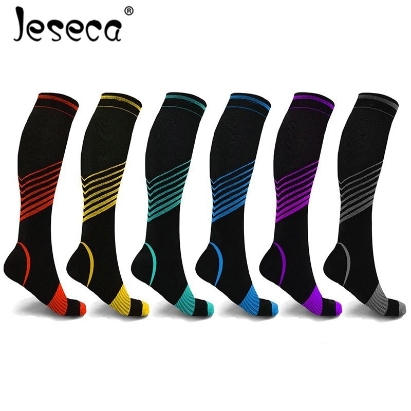 Jeseca unisex strømper kompresjon lang sox stripe trykk åreknuter strømpe kne støtte stretch trykk sirkulasjon