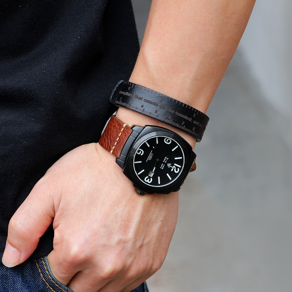 LIKA Multifunctional Ruler Leather Bracelet Men Vintage Wide Cuff Bangles Adjustable Buckle Wristband Male Bracelet Black&Brown