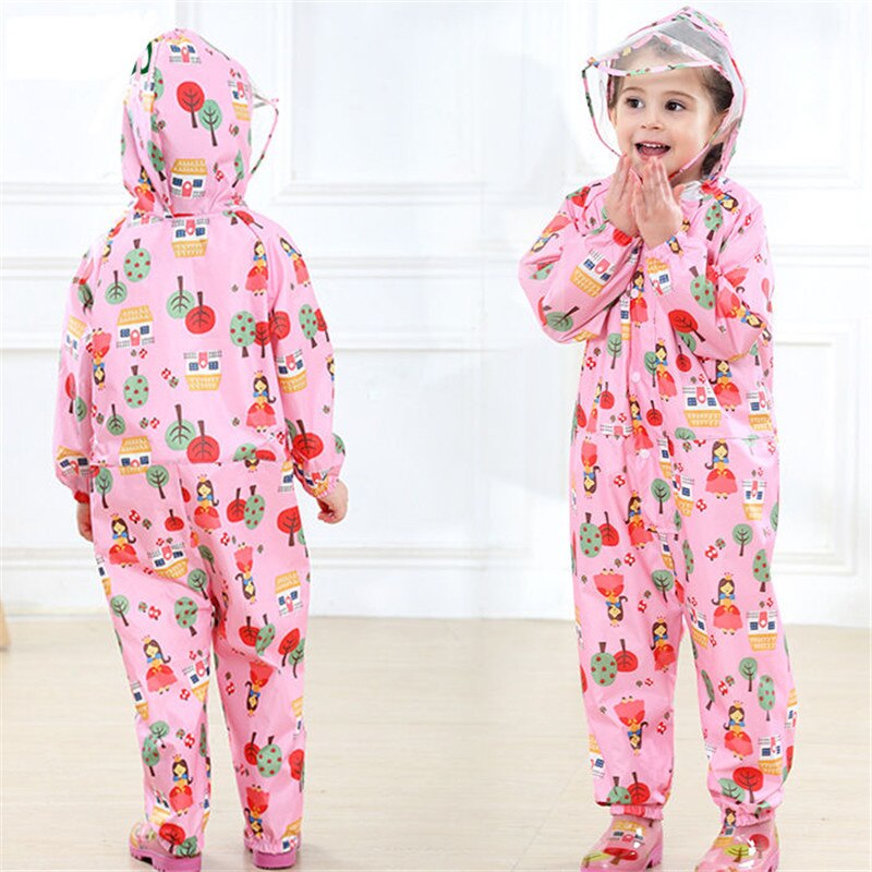 Kids Hooded Raincoat Jumpsuit Waterproof Cartoon Overalls For Children's Rainwear Baby Boys Girls 2-7 Years Rain Pants